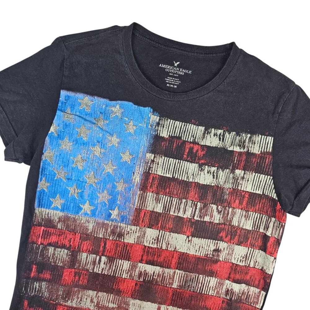 American Eagle Mens Graphic T-Shirt Medium Black USA Flag Patriotic Tee